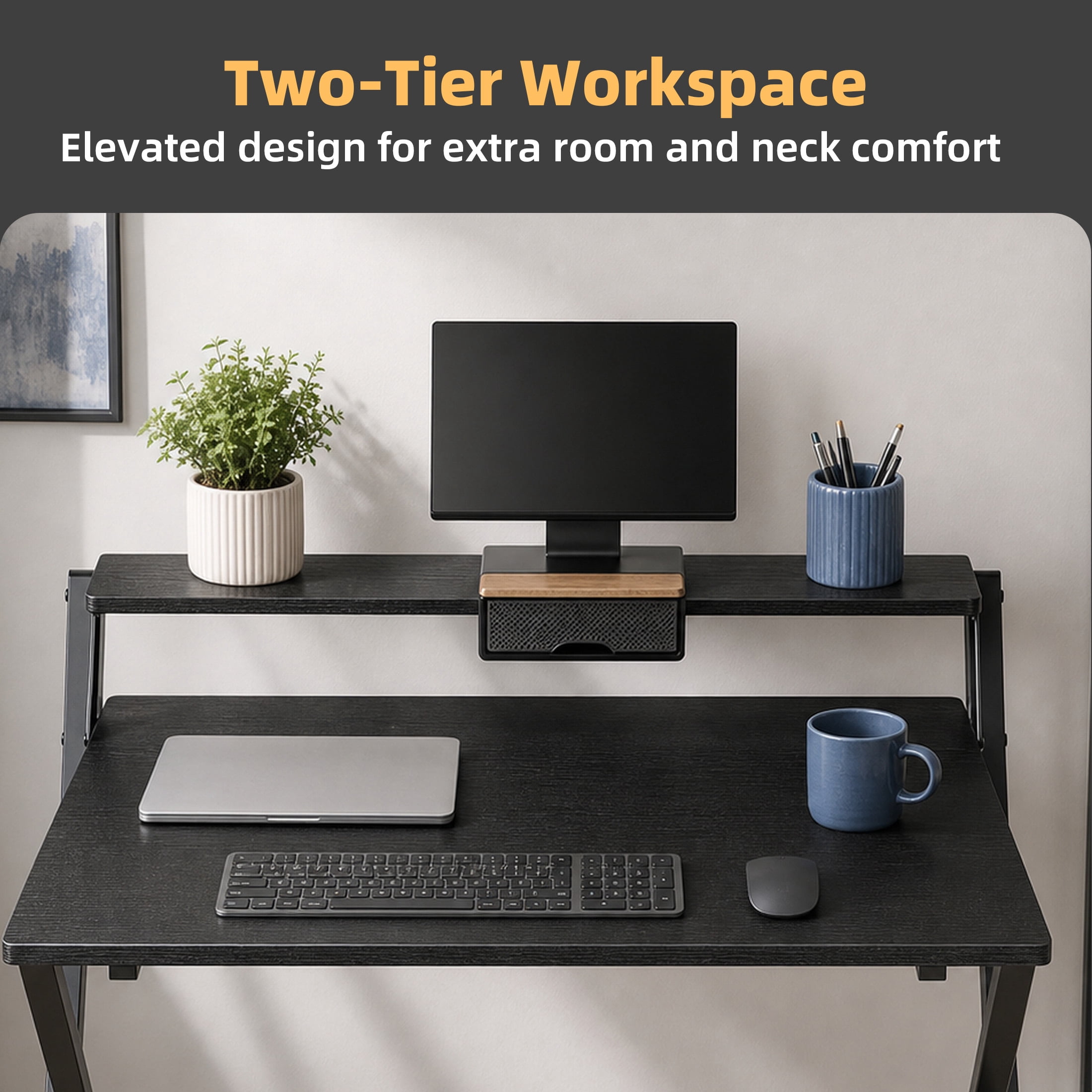 EDX Small Folding Desk with Shelf, No Assembly 2-Tier Compact Computer Table, Portable Study Workspace for Bedroom, Home Office, Black