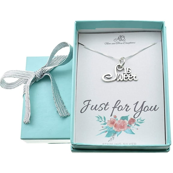Sweet 16 Charm pendant in sterling silver on a 16 inch sterling silver box chain. Sweet Sixteen gift.