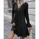 thumbnail image 3 of Vestido con cuello en V para mujer Vestido de color puro con volantes Vestido elegante con botones en la parte delantera Vestido de manga larga Negro M, 3 of 7
