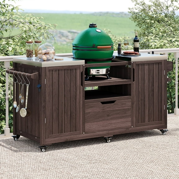 66.5" Outdoor Grill Cart, Solid Wood Kitchen Island with Stainless Steel Top, Drawer, Compatible with up to Large Big Green Egg, Kamado, Joe for Barbecue Outdoor Gathering(Brown )