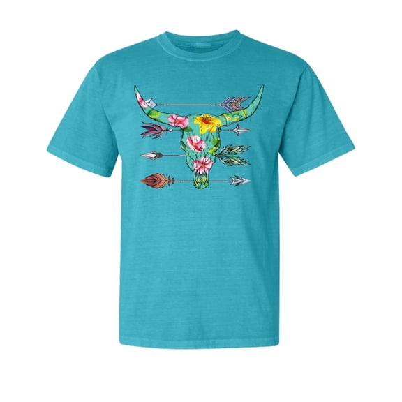 Wild Bobby,Long Horn Cow Skull Floral Mosaic, Streetwear, Garment-Dyed Washed Look Short Sleeve T-Shirt, Blue Lagoon, Small