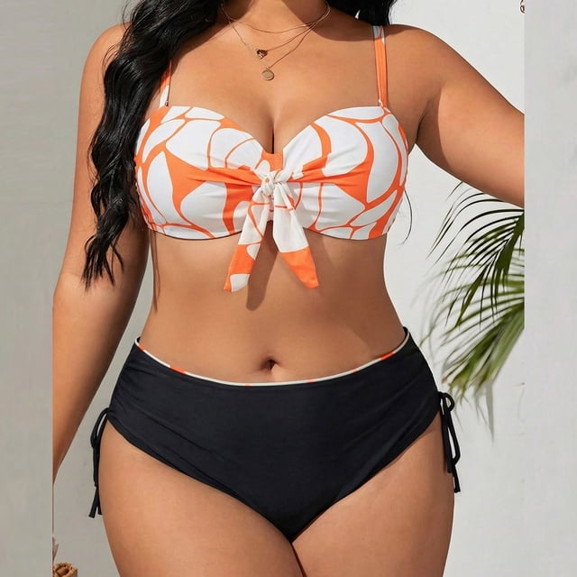 Traje de baño de 2 piezas para mujer, trajes de baño para mujer, traje de baño de moda para mujer de talla grande, traje de baño estampado con tirantes, traje de baño con abertura lateral, traje de ba