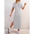 thumbnail image 6 of Women'S Crew Neck Short Sleeve All-over Striped Side Split Loose Midi Casual Dress Black & White L, 6 of 7