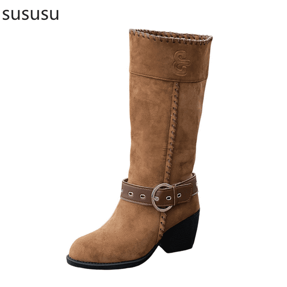 Fashion Suede Mid Calf Boots With Decorative Buckle For Women Comfortable Everyday Booties Ideal For Fall And Winter Wear