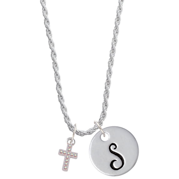 Delight Jewelry Silvertone Small AB Crystal Cross Silvertone Script Initial Disc - S - Charm Necklace, 20"+3"