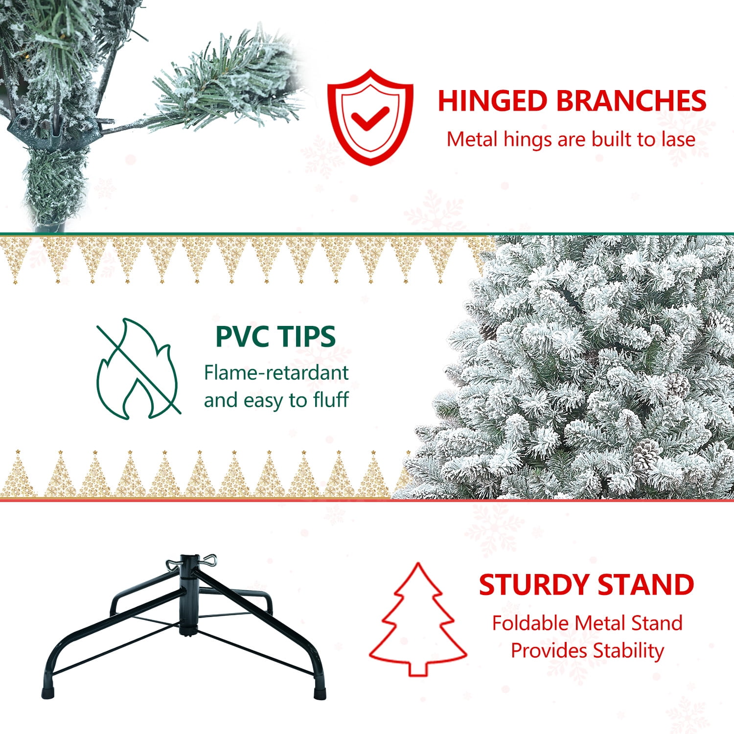 Alvantor 5FT Flocked Christmas Tree Full Shape PVC Artificial Tree with 600 Tips & Pine Cones for Indoor Holiday Decoration White