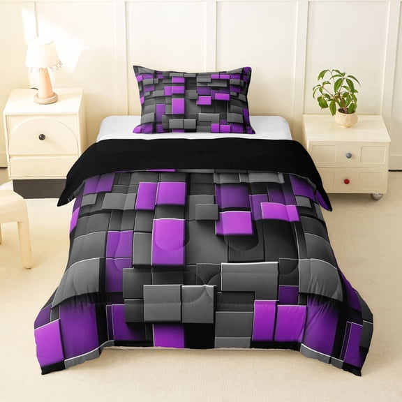 Manfei 3D Geometric Cubes Twin Comforter Sets, Gray Purple Checkered Bedding Set, Black Reversible 2pcs, 1 Comforter and 1 Pillowcase