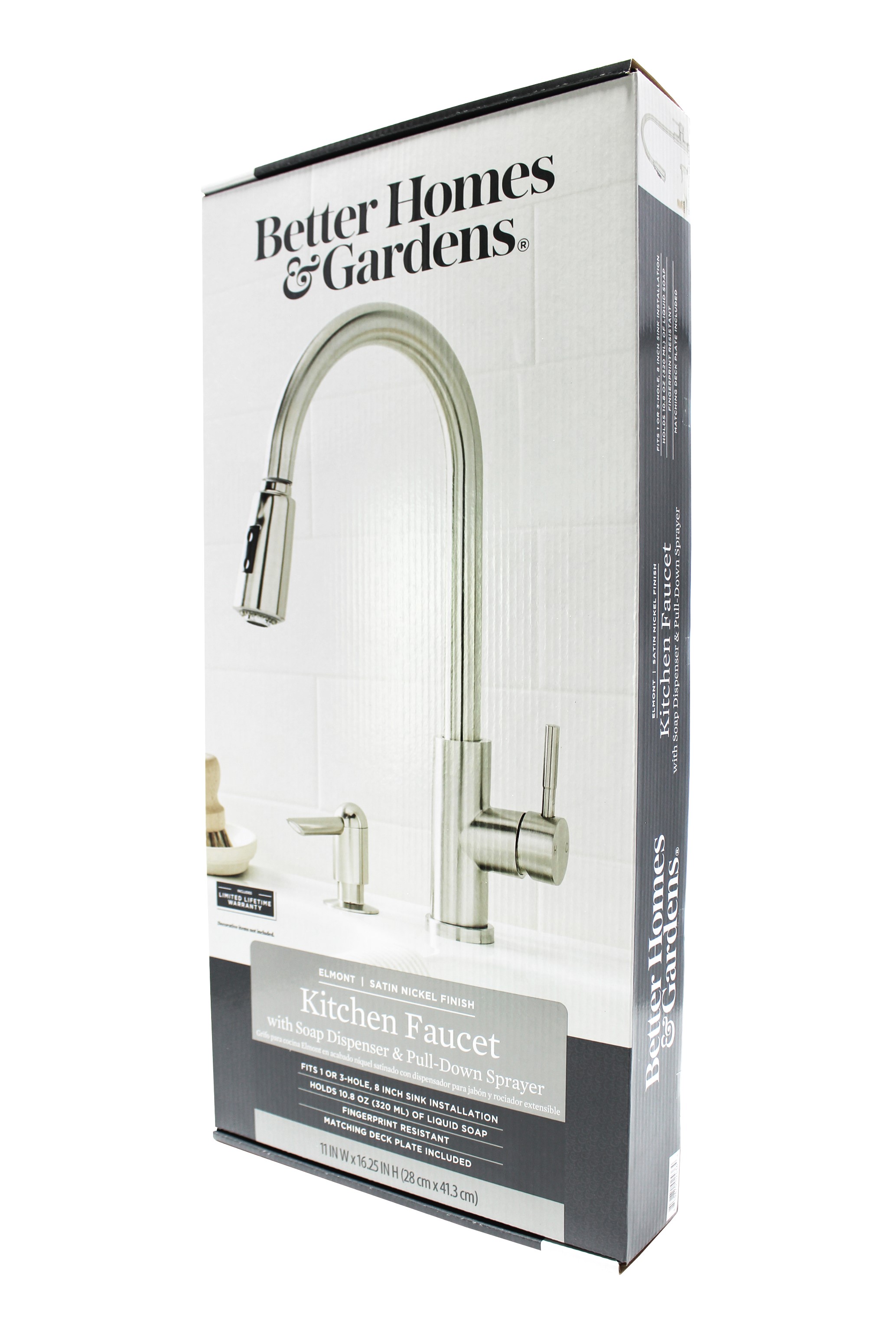 BETTER HOMES & GARDENS ELMONT HIGH SPOUT SINGLE HANDLE PULL DOWN KITCHEN FAUCET WITH SOAP DISPENSER, SATIN NICKEL