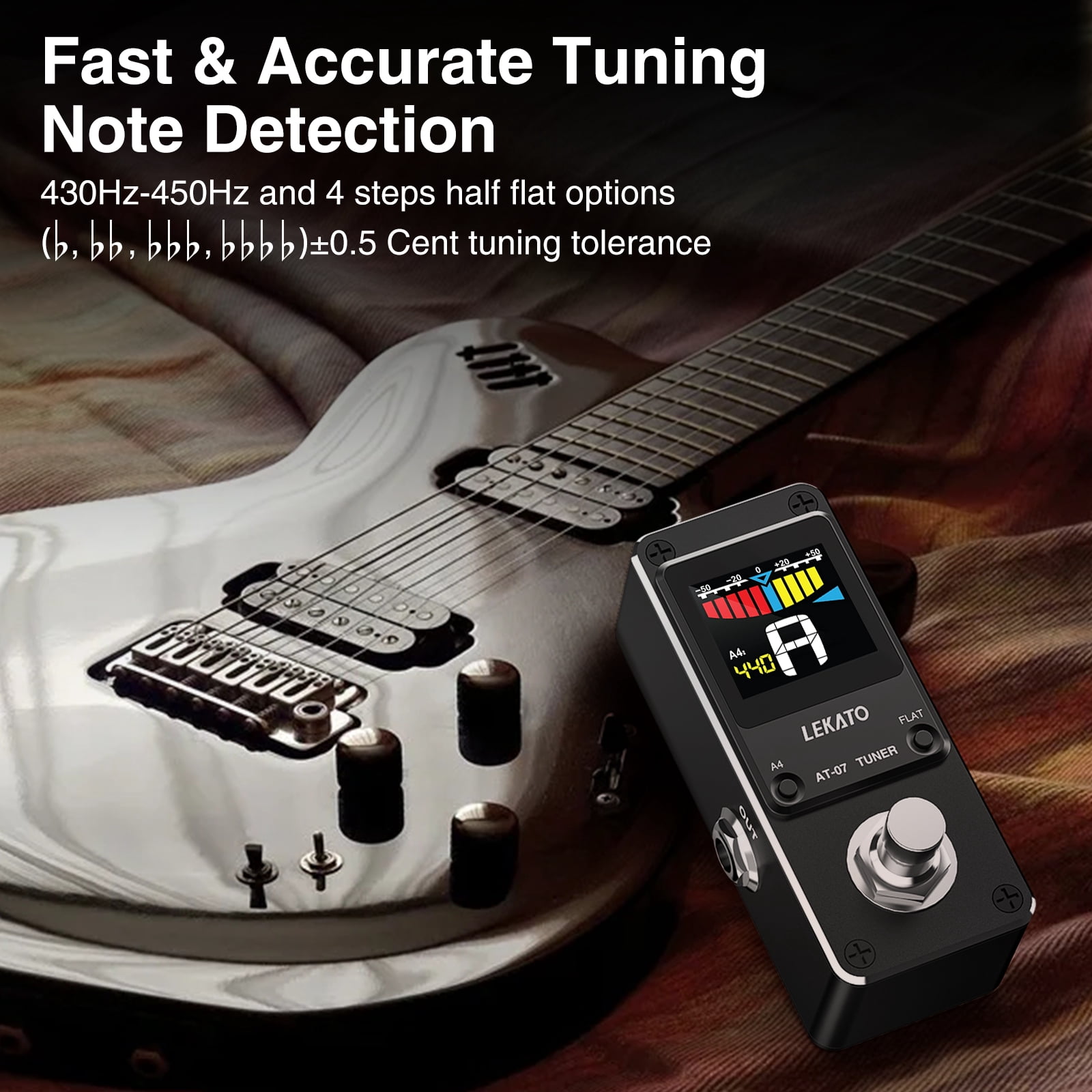 LEKATO Guitar Tuner Pedal with True Bypass, Color Display Tuning Pedal with Mute, Chromatic Tuner Pedal for Electric Guitar and Bass, Pitch and Flat Tuning