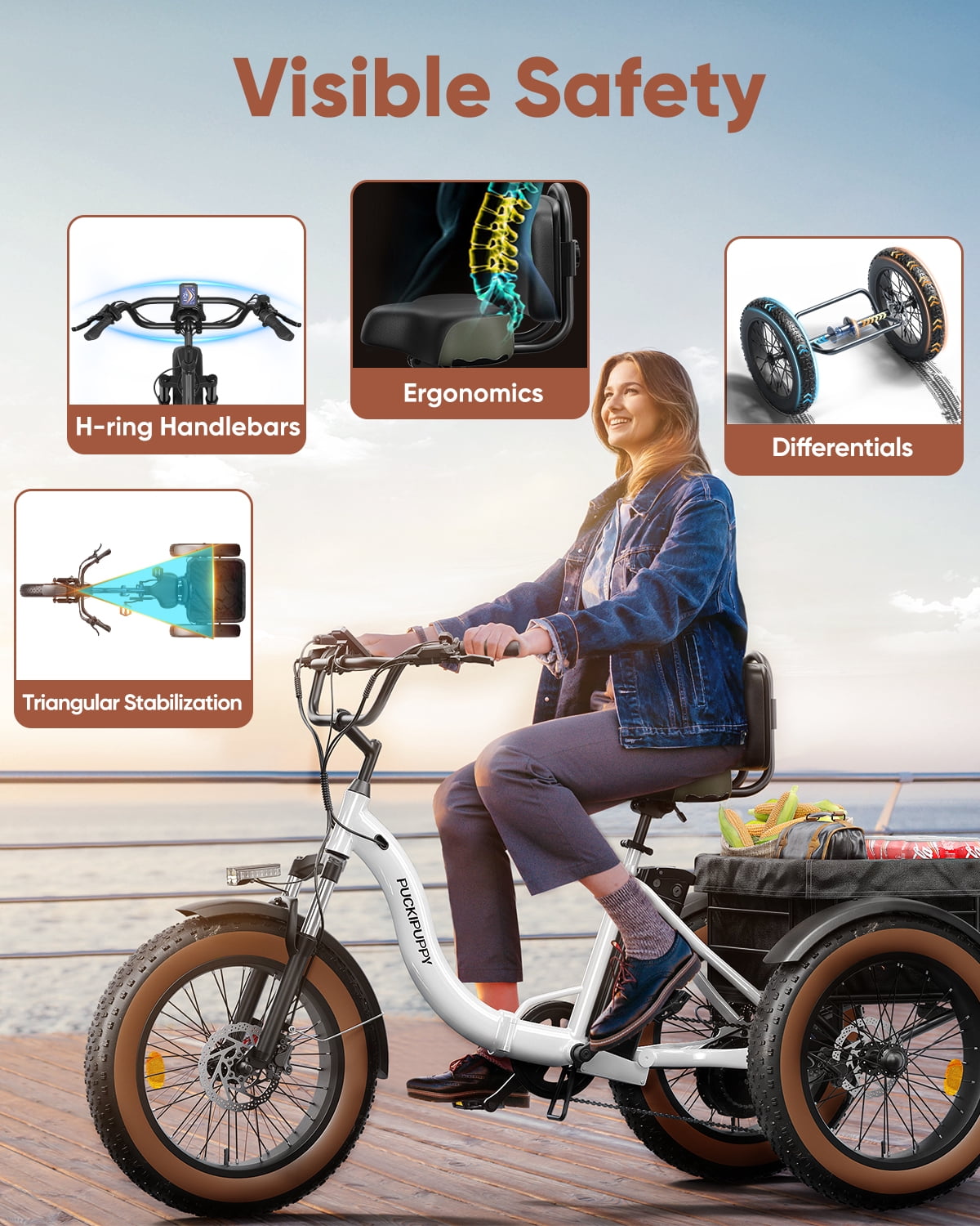 PUCKIPUPPY Electric Tricycle for Adults 960W Rear Motor 55Miles Range 20mph Max Speed 20" Fat Tire Electric Trike 3 Wheel Electric Bike 48V 15AH Battery E-Mountain Bike, Comply with UL2849 By SGS