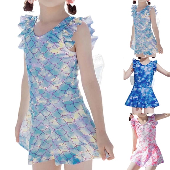 Swimsuit for Girls One Piece Crew Neck Sleeveless Wide Straps Solid Print for Vacation Girls Bathing Suit Blue 3 Years-5 Years