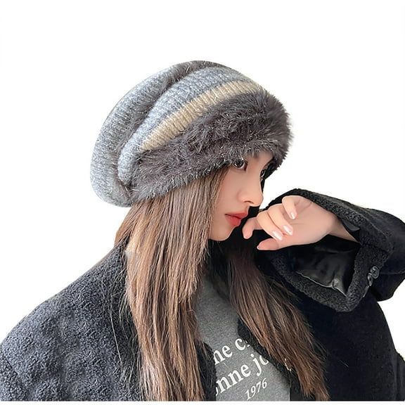Diufon Women's Winter Knitted Hat Striped Fleece Thickened Warm Windproof Hats Ladies Plush Outdoor Ski Cap
