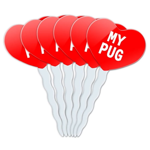 Pug Heart Love Cupcake Picks Toppers - Set of 6
