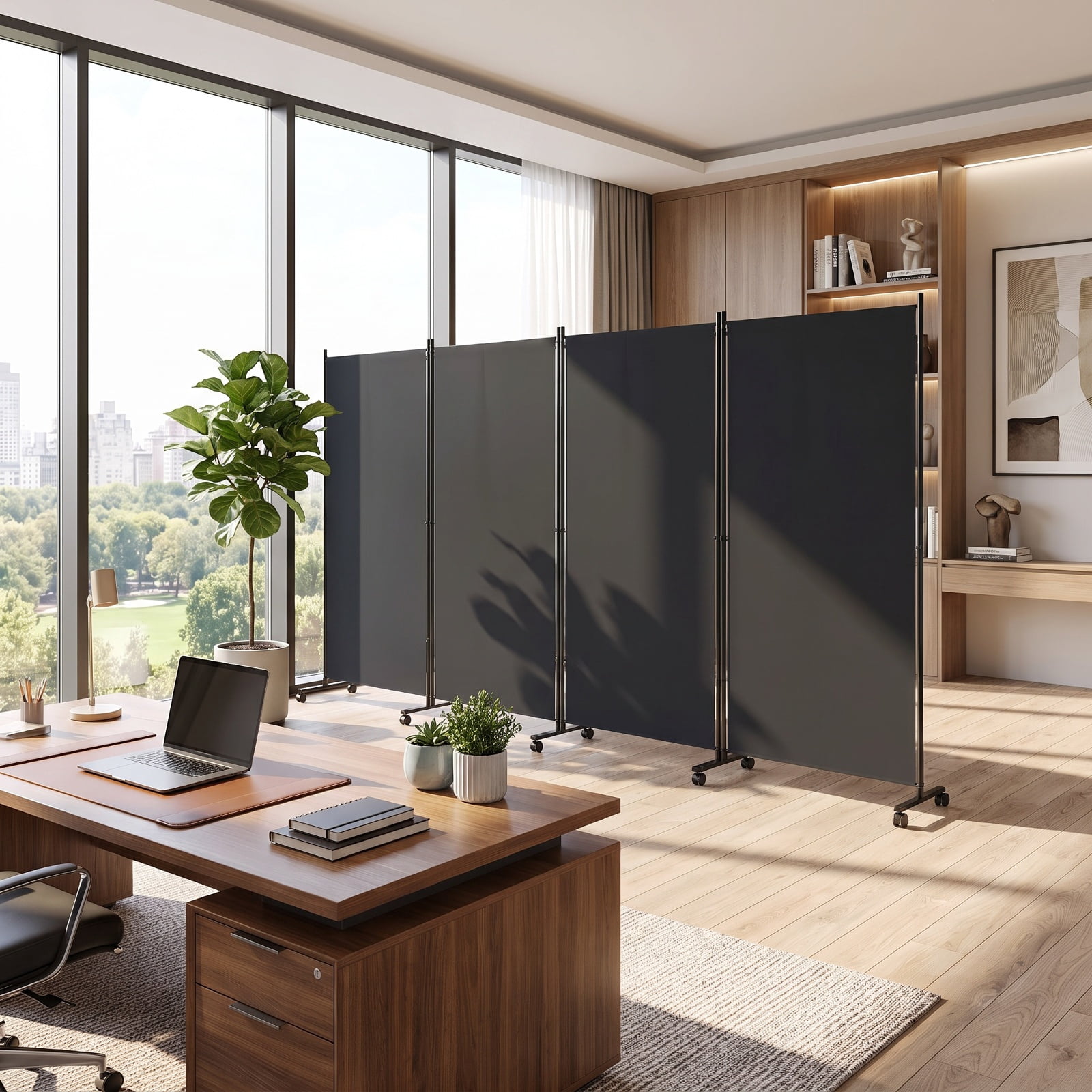 Vebreda 6-Panel Rolling Room Divider Folding Privacy Screen with Lockable Wheels, Freestanding Fabric Partition for Bedroom Office Studio, Black