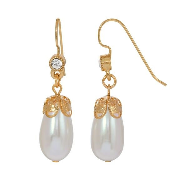 1928 Jewelry Women's Gold Tone Faux Pearl And Crystal Accent Drop Earrings