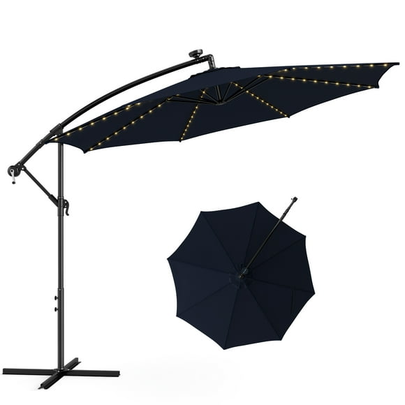 Topbuy 10FT Solar Offset Umbrella Tilted Cantilever Hanging Umbrella with 112 LED Lights Lighted Patio Sun Shade with Crank Handle Beige/Coffee/Navy/Wine