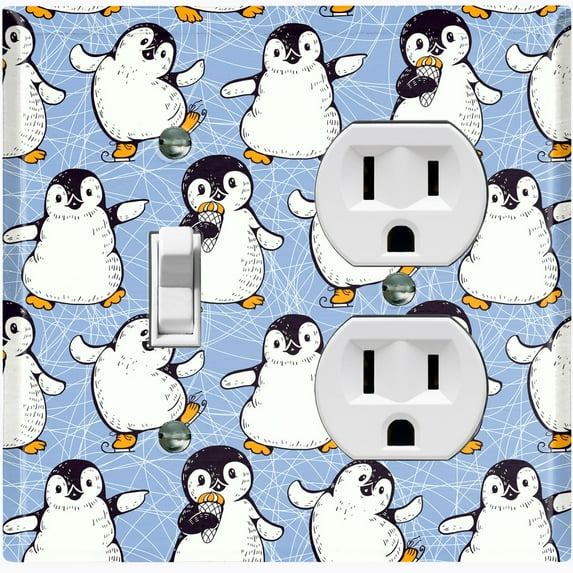 Metal Light Switch Plate Cover Cute Penguins Ice Skating Blue BRD002