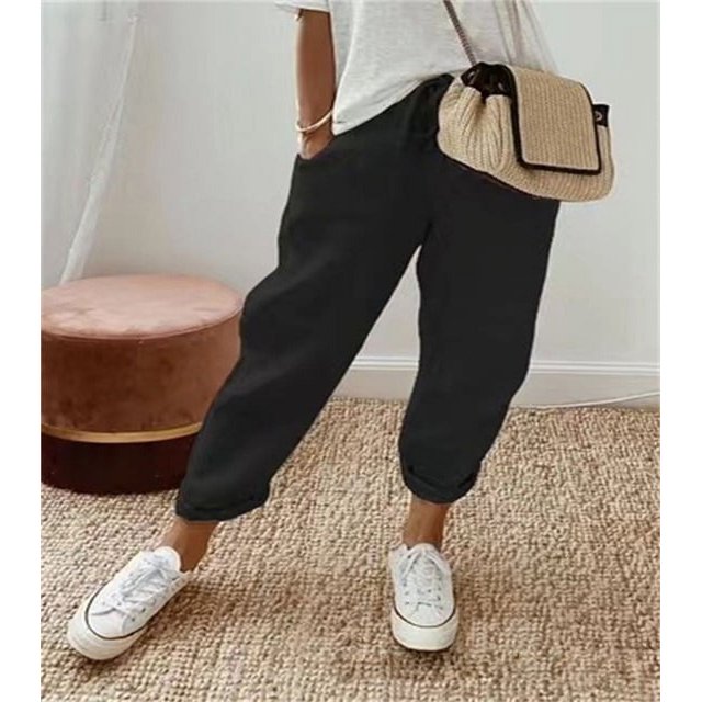 Spring Summer Cotton Linen Pants Women‘s Solid Elastic High Wasit Lace Up Pockets trouser Ladies Loose-fitting Nine Points Pants