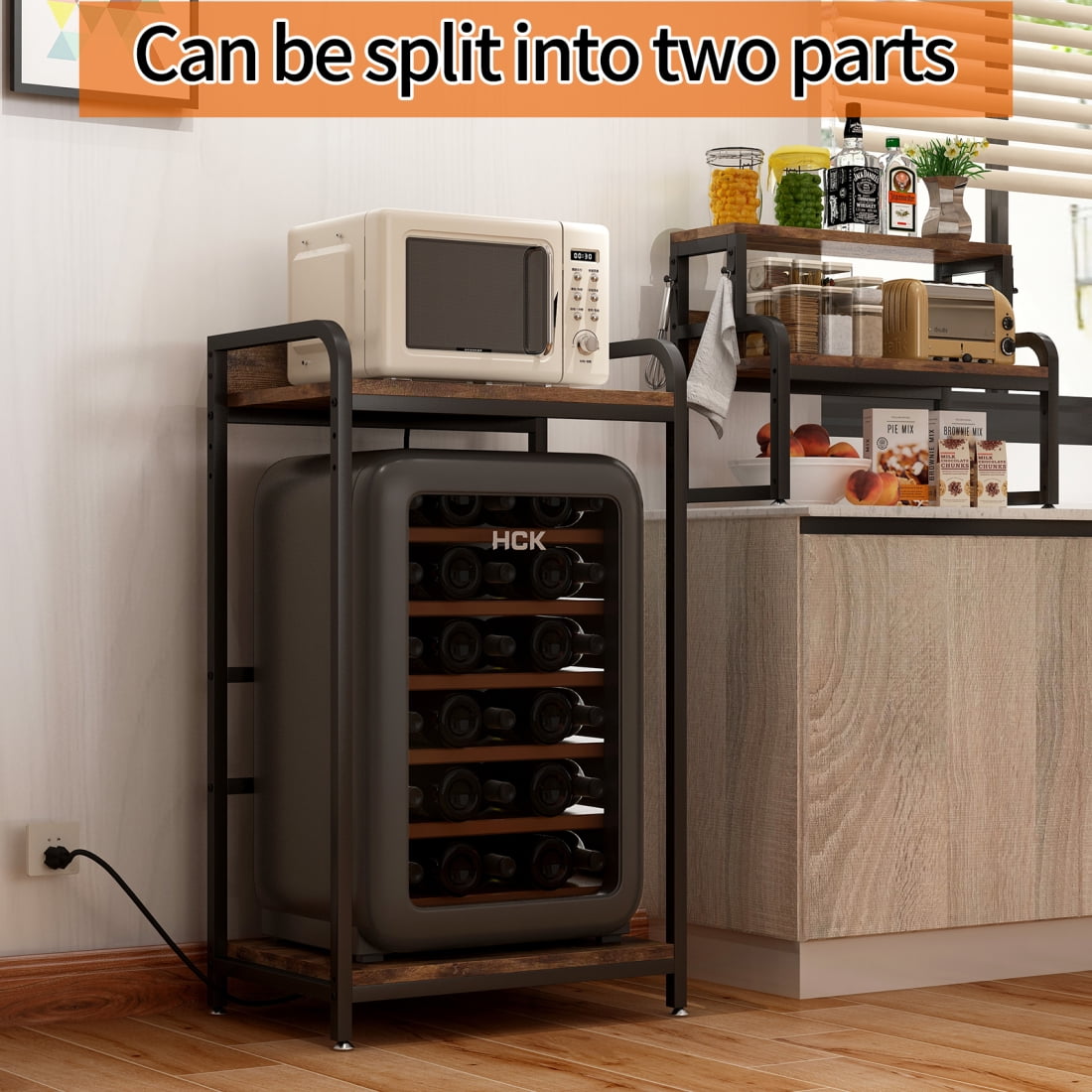 4-Tier Mini Fridge Stand Coffee Bar Cabinet Station with Charging Station, Bakers Rack Storage Shelf with Hooks and Adjustable Shelves, Utility Storage Shelf for Kitchen, Dorm, Living Room, Brown
