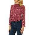 thumbnail image 4 of INSPIRE CHIC Women's Smocked Waist Ruffled Hem Stand Collar Floral Dotted Blouse XL Dark Red, 4 of 5