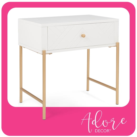 Adore Decor Jupiter Wood 1-Drawer Geometric Textured End Table in White/Gold