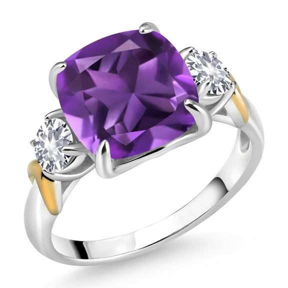 Gem Stone King 3.50 Cttw Purple Amethyst and White Created Sapphire 3 Stone Ring for Women | 925 Silver and 10K Yellow Gold | Cushion 10MM | Round 4MM (Size 5)