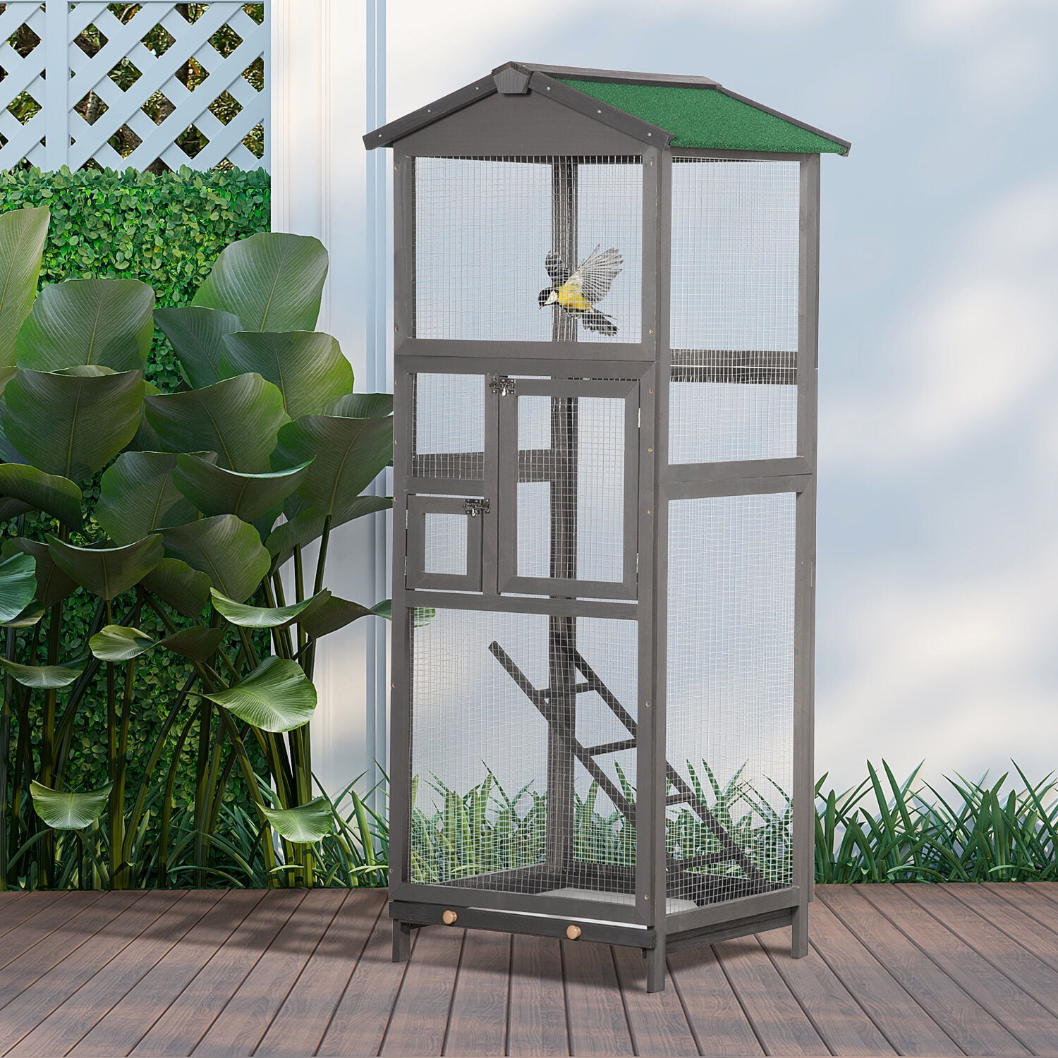 Dog Crate, PawHut 65" Wooden Bird Cage Outdoor Aviary House for Parrot, Parakeet, with Pull Out Tray and 2 Doors, Grey, Gray Pet Playpen,Wood Chicken Coop, Pet Supplies Pens & Hutches