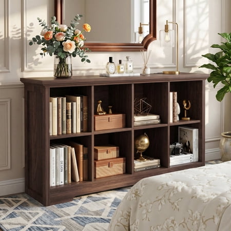 iSunirm 8 Cube Storage Organizer with Charging Station 3-Tier Farmhouse Wooden Cube Bookcase for Living Room Entryway Walnut