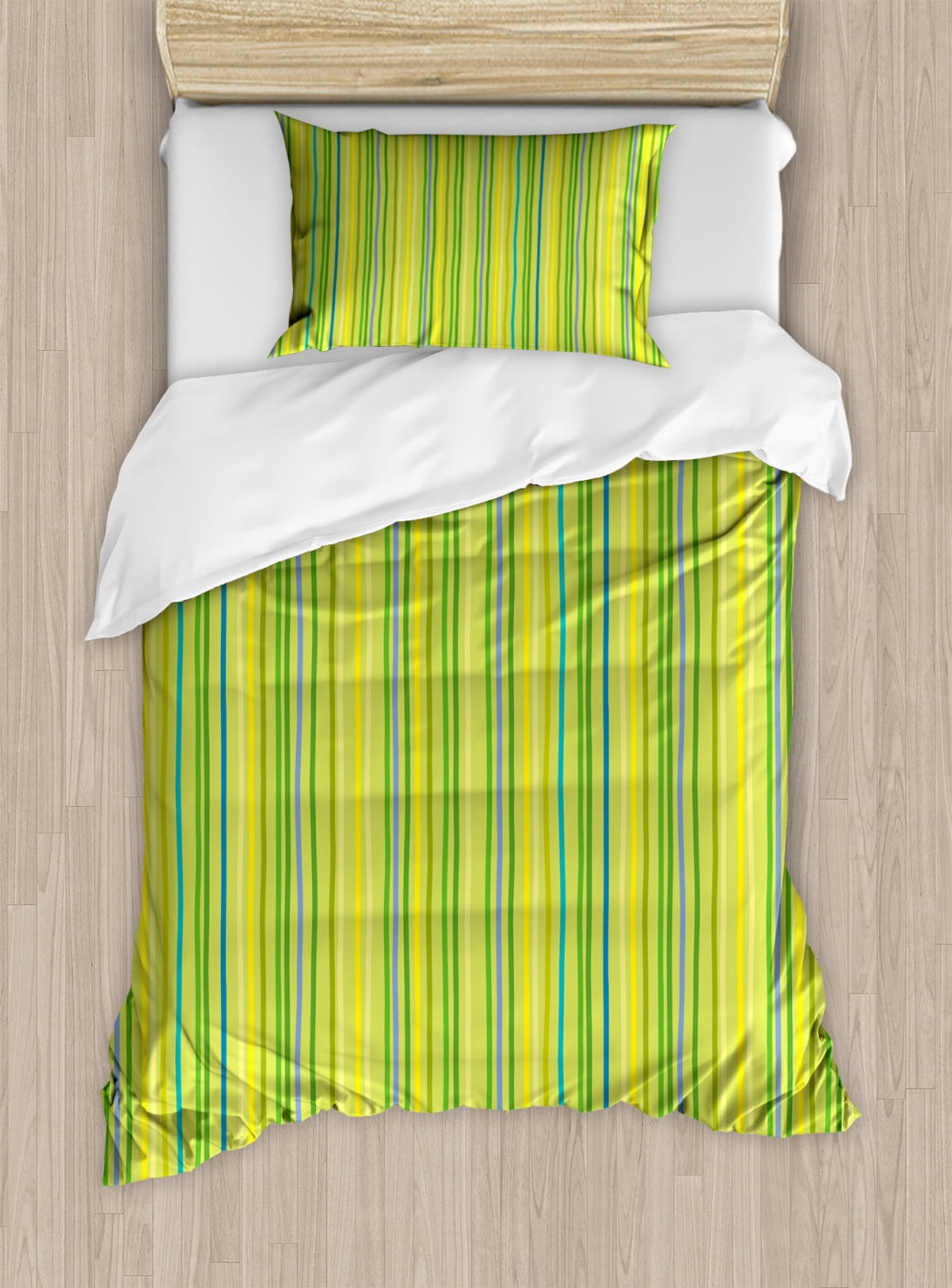 Lime Green Twin Size Duvet Cover Set, Pastel Toned Vertical Bands