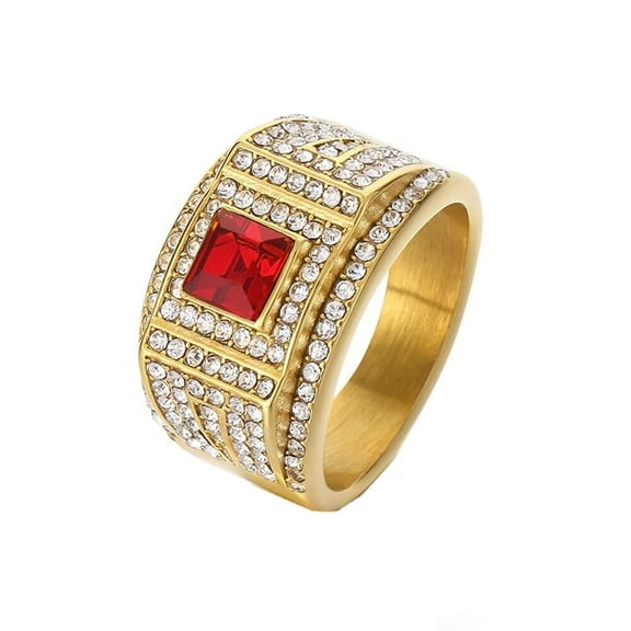 HIJONES Women Men's Full Diamond Ring Stainless Steel Square Gemstone Bnad Ring for Couple Engagement Promise Comfort Fit Gold Red Size 9