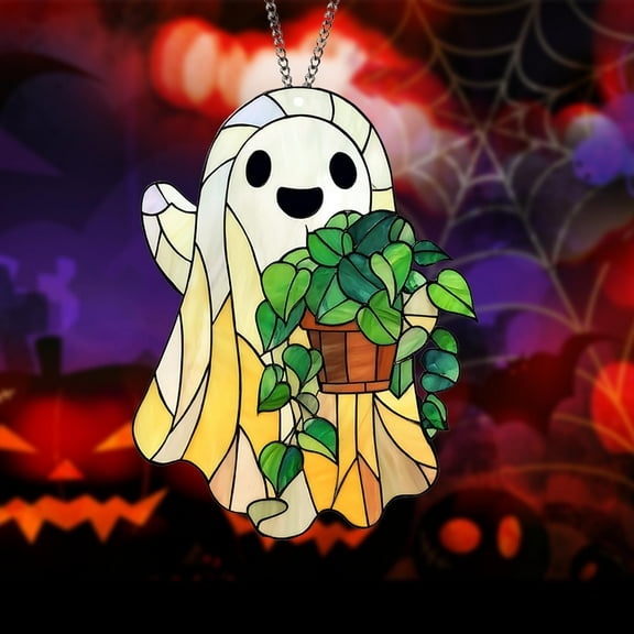 Hanging Ghost Pendant 2D Wall Decor Window Accent Round Chain Halloween Decoration Festival Ornament Room Decor 7.87in Diameter