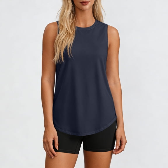 Maqroz Sun Protection Tank Top Women Lightweight Quick Dry UPF 50 UV Protection Rash Guard Crew Neck Outdoor Hiking Fishing Sleeveless Shirts Basic Tee Curved Hem Tops Navy XL