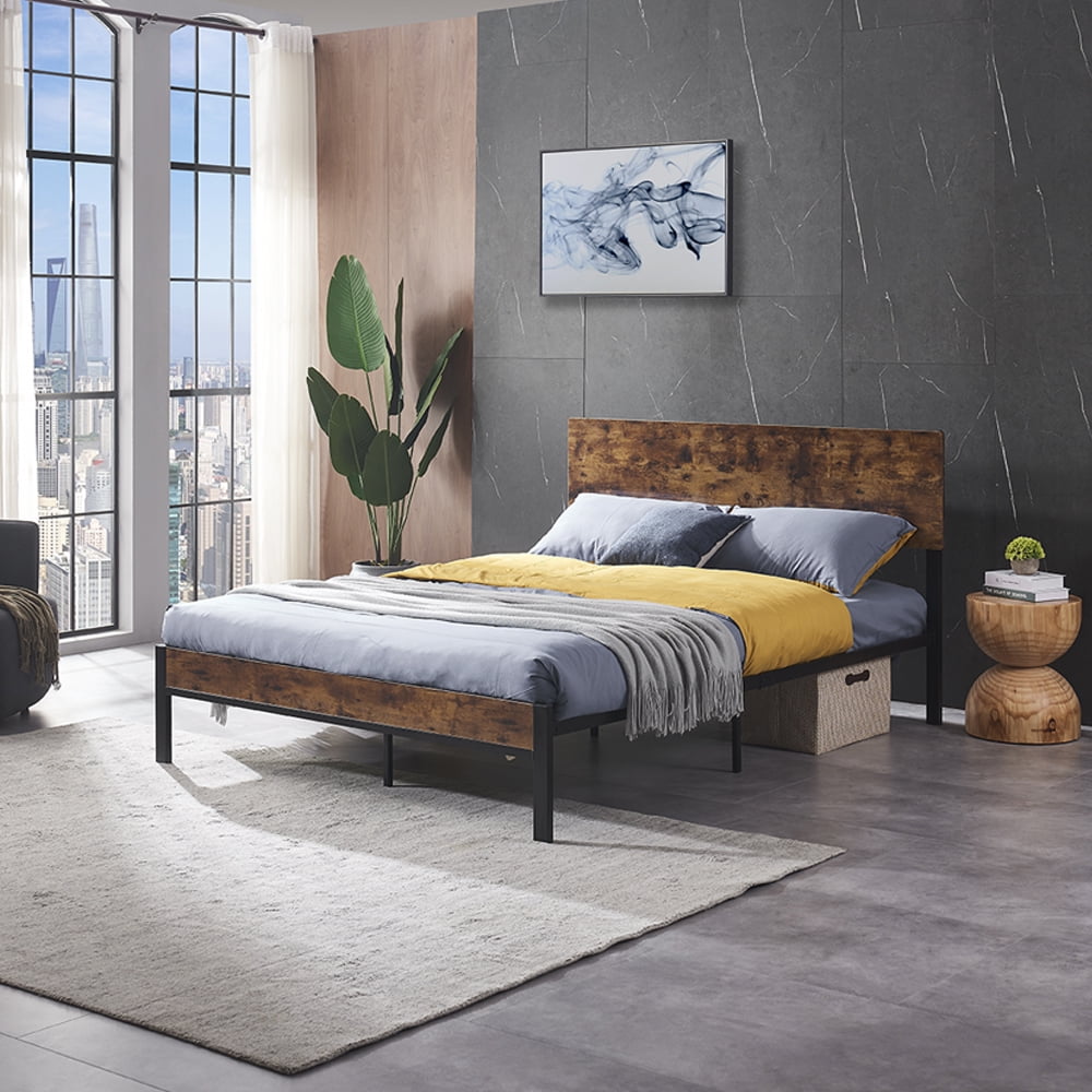 Private Jungle Queen Size Metal Platform Bed Frame with Wooden Headboard and Footboard, No Box Spring Needed, Large Under Bed Storage,Dark Brown Private Jungle Queen Size Metal Platform Bed Frame with Wooden Headboard and Footboard, No Box Spring Needed, Large Under Bed Storage,Dark Brown