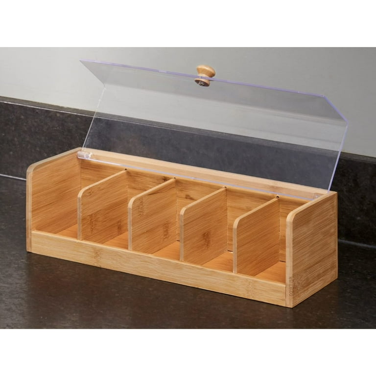 DECOMIL Box for Tea Bags, Bamboo Tea Bag Organizer, Storage Box, for Cabinets or Countertop, 10-Compartment Tea Box