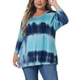 thumbnail image 1 of Tops de mujer plus size Agnes Orinda con rayas de teñido anudado, cuello en V, mangas 3/4, blusas casuales 2X azul lago, 1 of 6