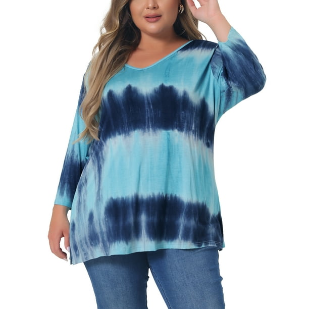 Tops de mujer plus size Agnes Orinda con rayas de teñido anudado, cuello en V, mangas 3/4, blusas casuales 2X azul lago