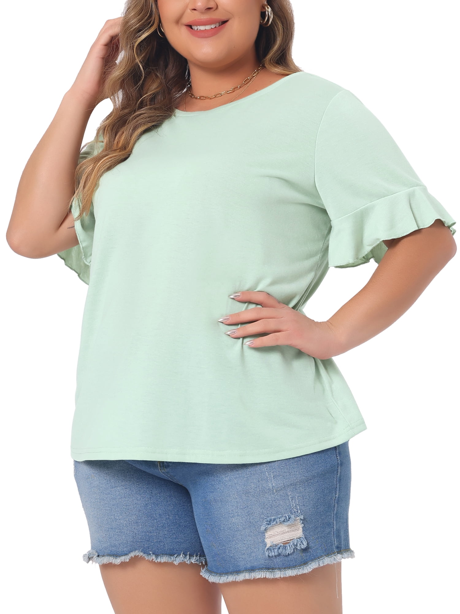 DARING DIVA Women's Plus Plain Crew Neck Ruffle Short Sleeves Blouse 4X Mint Green