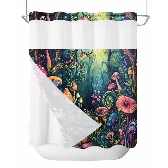 No Hook Shower Curtain with Snap-in Liner, Mushroom Waterproof Fabric Bathroom Curtains, Dream Forest Botanical Floral Plant Bath Curtains & Mesh Top Window Standard 72''x72''
