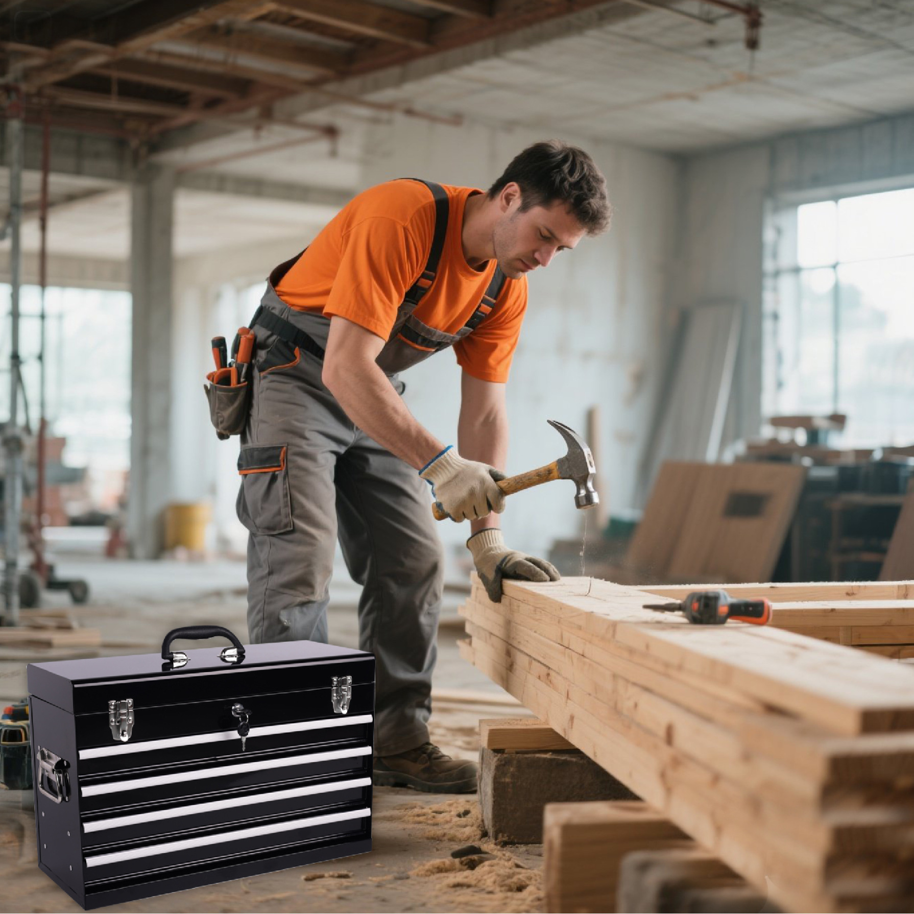 21-inch Heavy Duty Metal Tool Box, Portable Tool Chest with 4 Drawers, EVA Liners, Ball Bearing Slide Drawers, Lockable, Powder Coated, Multi-Function Tool Organizer, Black