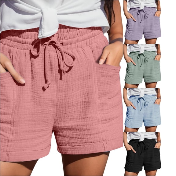 Gyujnb Women Crinkle Gauze Casual Shorts Elastic Drawstring Waist Lightweight Breathable Shorts with Pockets,Pink