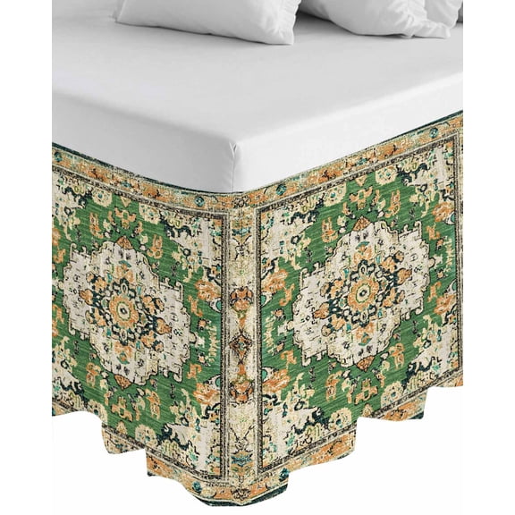 Green Boho Wrap Around Bed Skirts for King Bed 16" Drop,Bed Skirt with Adjustable Elastic Belt Dust Ruffle Bed Valance for Bedroom Hotel Luxury Farmhouse Tribal Vintage Tribal Texture Bed Frame Cover