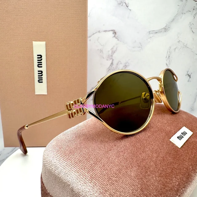 MIU MIU Sunglasses Metal Gold 54mm Oval Metal Italy Authentic Women Brown Lens