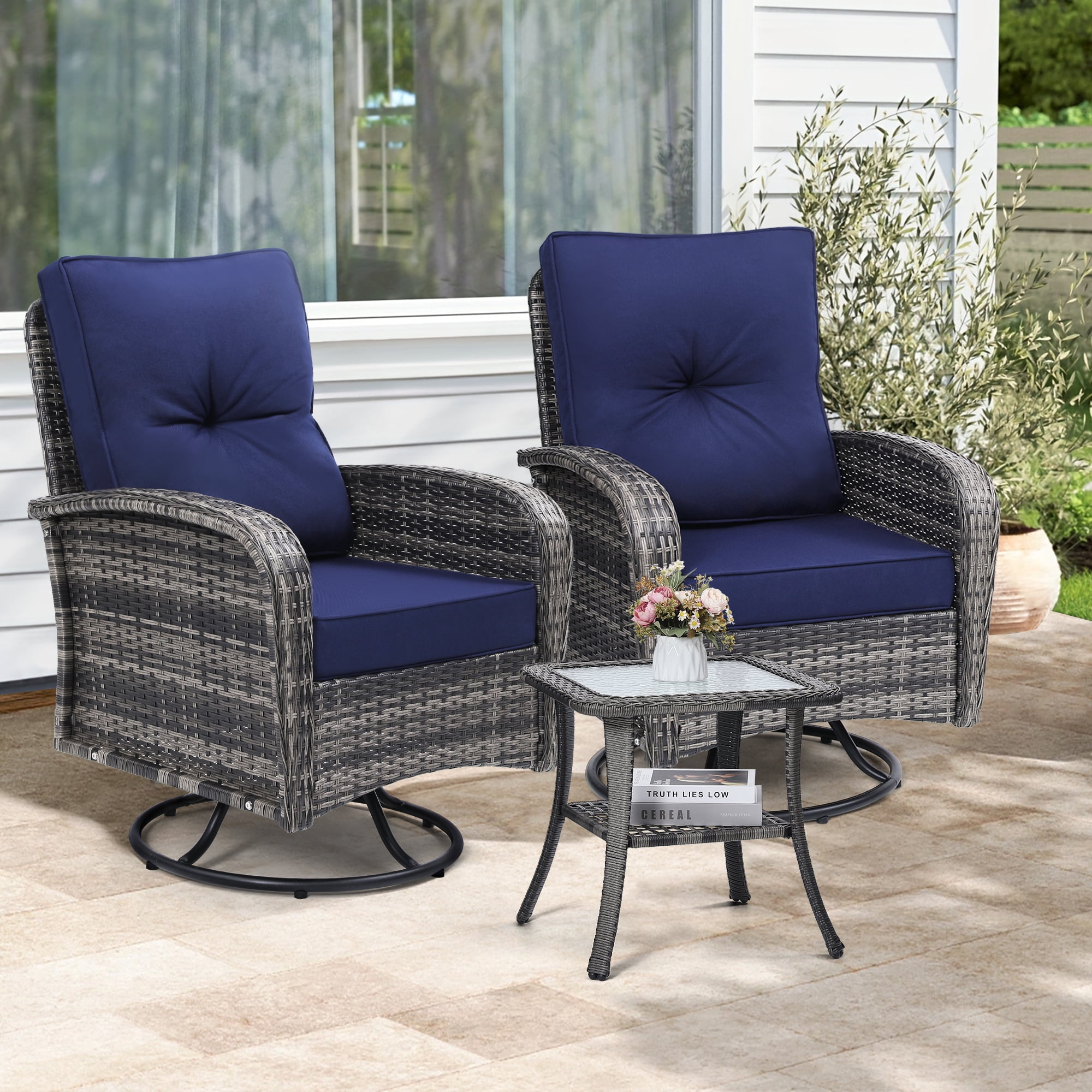 LOGYAT 3-Piece Swivel Wicker Patio Furniture Set, All-Weather Resin Rattan Chairs with Washable Cushions, Tempered Glass Top Side Table for Porch Deck Balcony, Blue Cushions