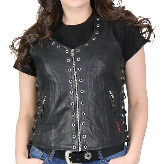 Hot Leathers vsl1009 Ladies Lambskin Motorcycle Biker Vest with Grommet Accents - Black - Small