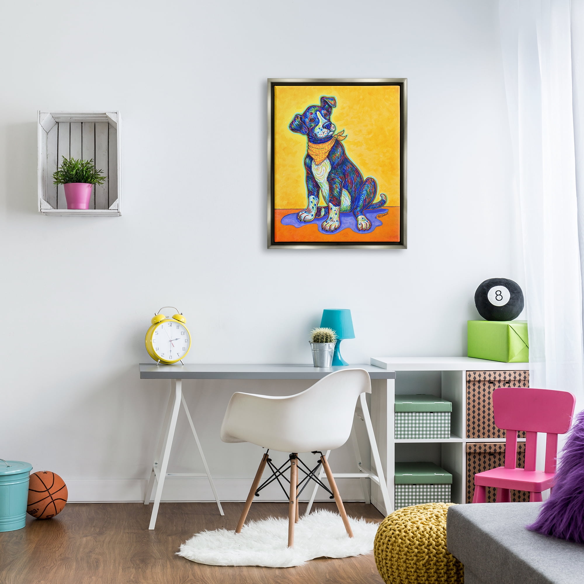 Stupell Industries Blue & Yellow Abstract Dog Animals & Insects Painting Gray Floater Framed Art Print Wall Art, 25 x 31