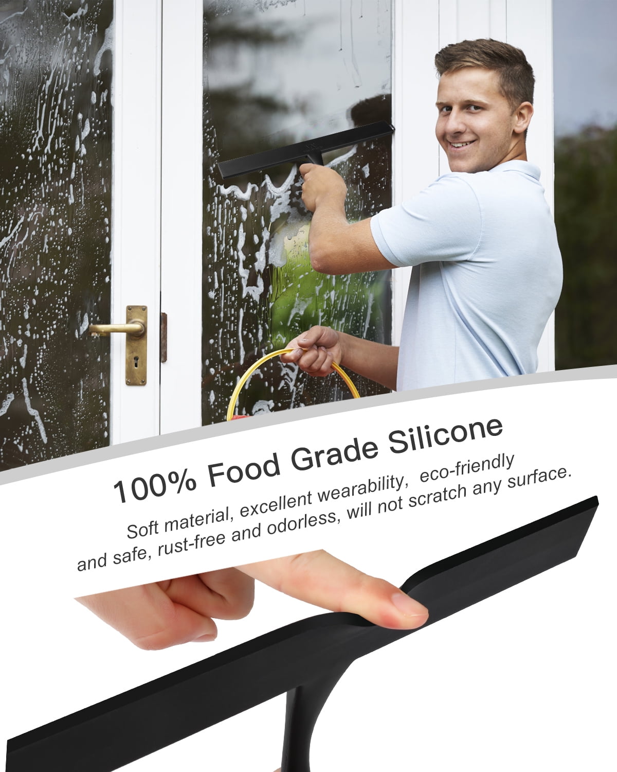 Shower Squeegee for Shower Glass Doors 11-Inch Bathroom Squeegee Shower Door Silicone Squeegees Wiper with Non-Slip Handle, Self-Adhesive Silicone