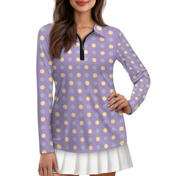 Yuyamidu Polka Dots Golf Shirts for Women Purple Long Sleeve Quarter Zip V-Neck Golf Tennis Shirt Lightweight Athletic Shirt Size M