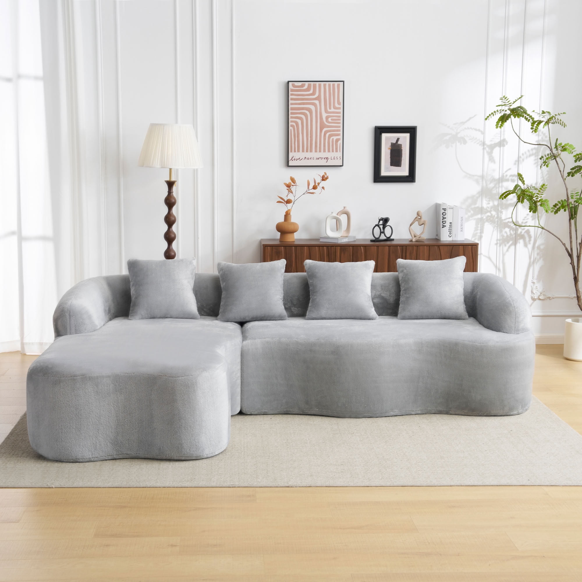 MAYEERTY L-Shaped Sectional Sofa with Curved Chaise Lounge, Chenille Modular Couch with 4 Throw Pillows, No-Assembly for Apartment Living Room Small Spaces