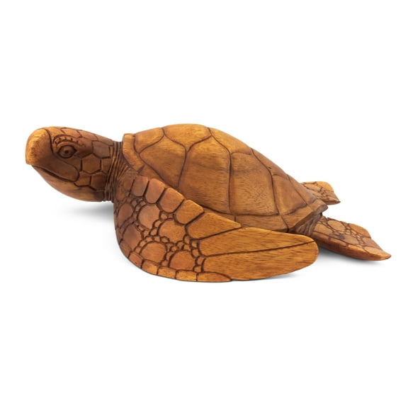 Wooden Hand Carved Sea Turtle Tortoise Statue Figurine Sculpture Handcrafted Handmade Home Decor Rustic Seaside Tropical Nautical Ocean Coastal Size: 8" Long x 6" Wide x 2" Tall