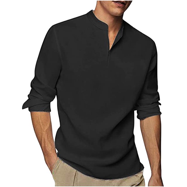 Camisa con cuello en V para hombre, de algodón y lino, informal, holgada, con cuello levantado Pompotops oipoqjl8396